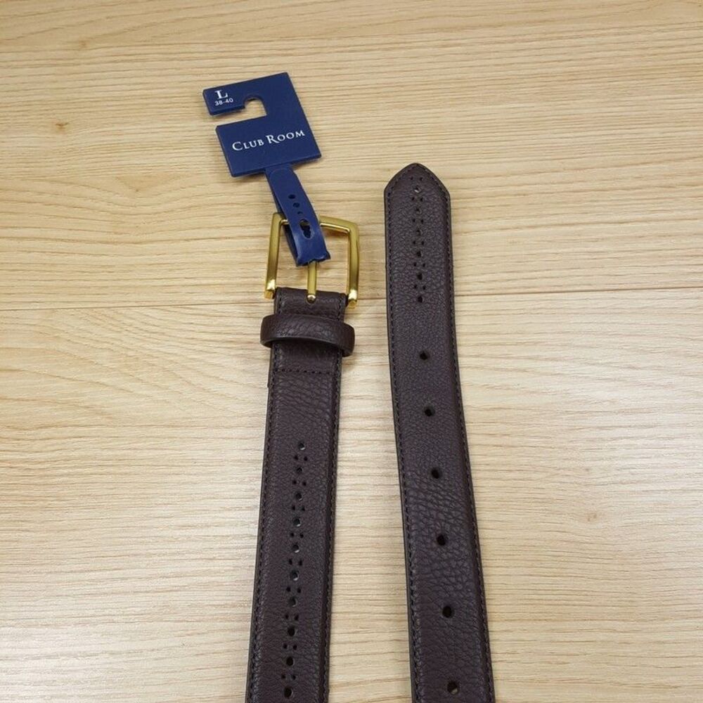 CLUB ROOM Belt Mens Size Large 38 40 Dark Brown Baroque Perforated Gold Buckle